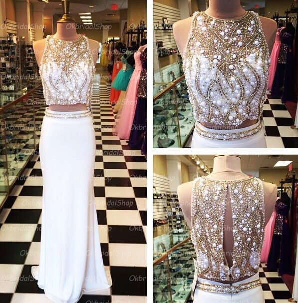 White Prom Dresses with Rhinestones
