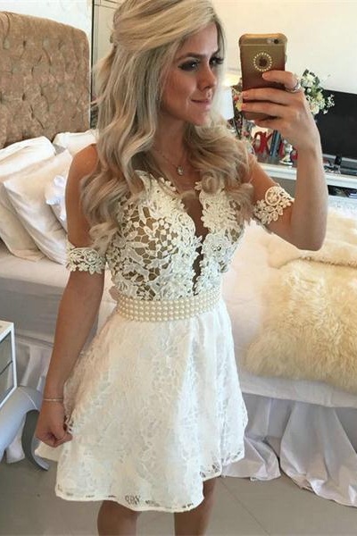 Short Ivory Lace Prom Dress