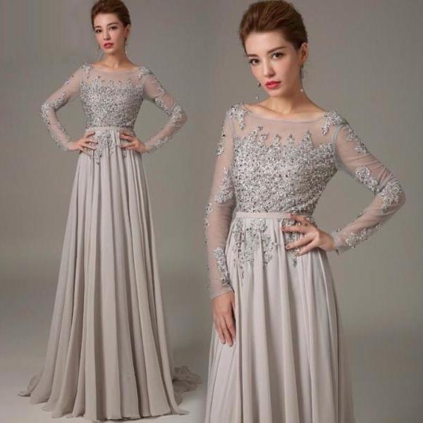 Long Sleeve Lace Prom Dresses, Grey Prom Dress, Long Prom Dresses